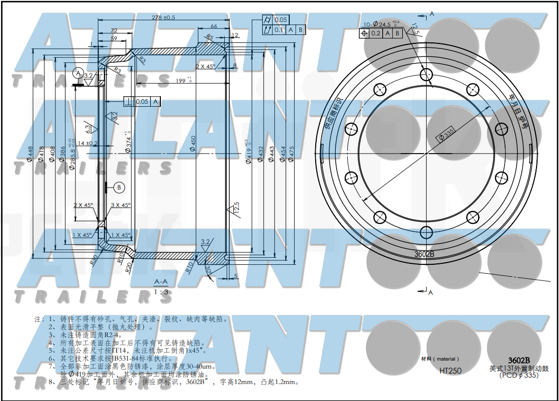 Барабан тормозной 420*180 FUWA 13T 3602B (ступица внутри)